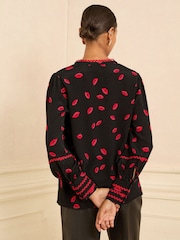 Love & Roses Black Lips Print Notch Neck Long Sleeve Blouse - Image 4 of 4