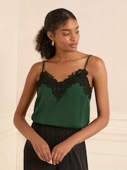 Love & Roses Dark Green Satin V-Neck Camisole - Image 1 of 4