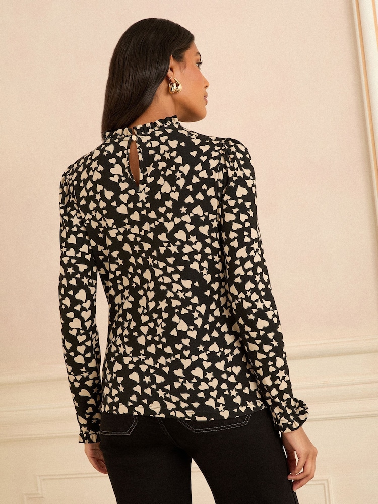Love & Roses Black And Beige Heart Print Frill Neck Long Sleeve Jersey Top - Image 4 of 4