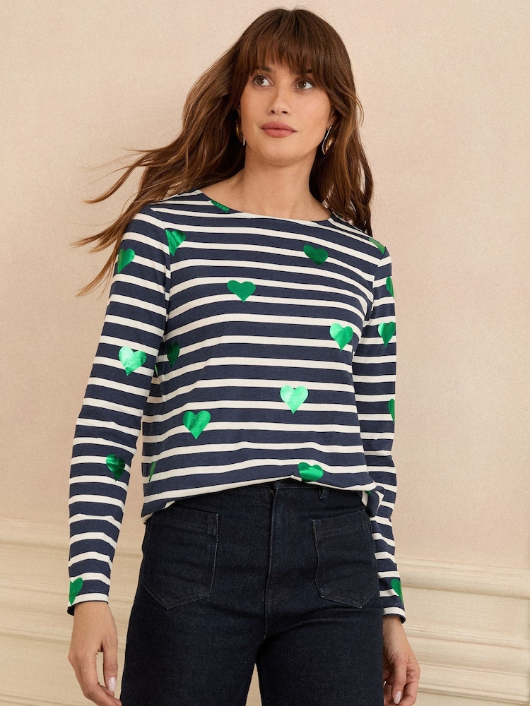Love & Roses Navy Stripe Foiled Heart Long Sleeve Jersey Top - Image 2 of 4
