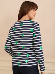 Love & Roses Navy Stripe Foiled Heart Long Sleeve Jersey Top - Image 4 of 4