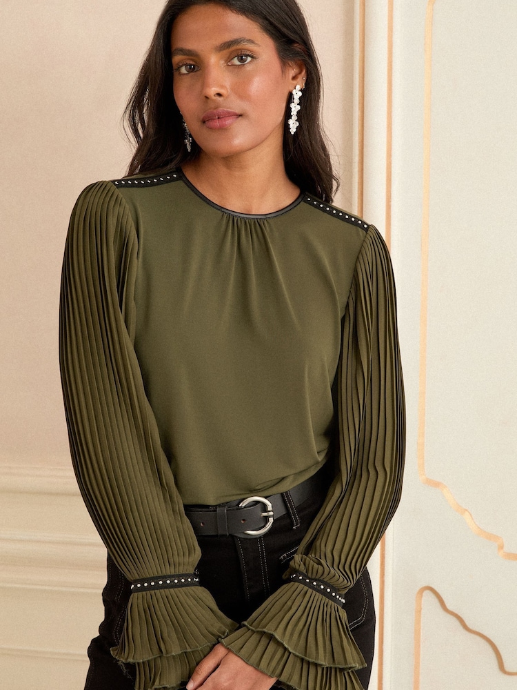 Love & Roses Olive Pleated Studded Long Sleeve PU Trim Top - Image 1 of 4