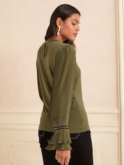 Love & Roses Olive Pleated Studded Long Sleeve PU Trim Top - Image 4 of 4