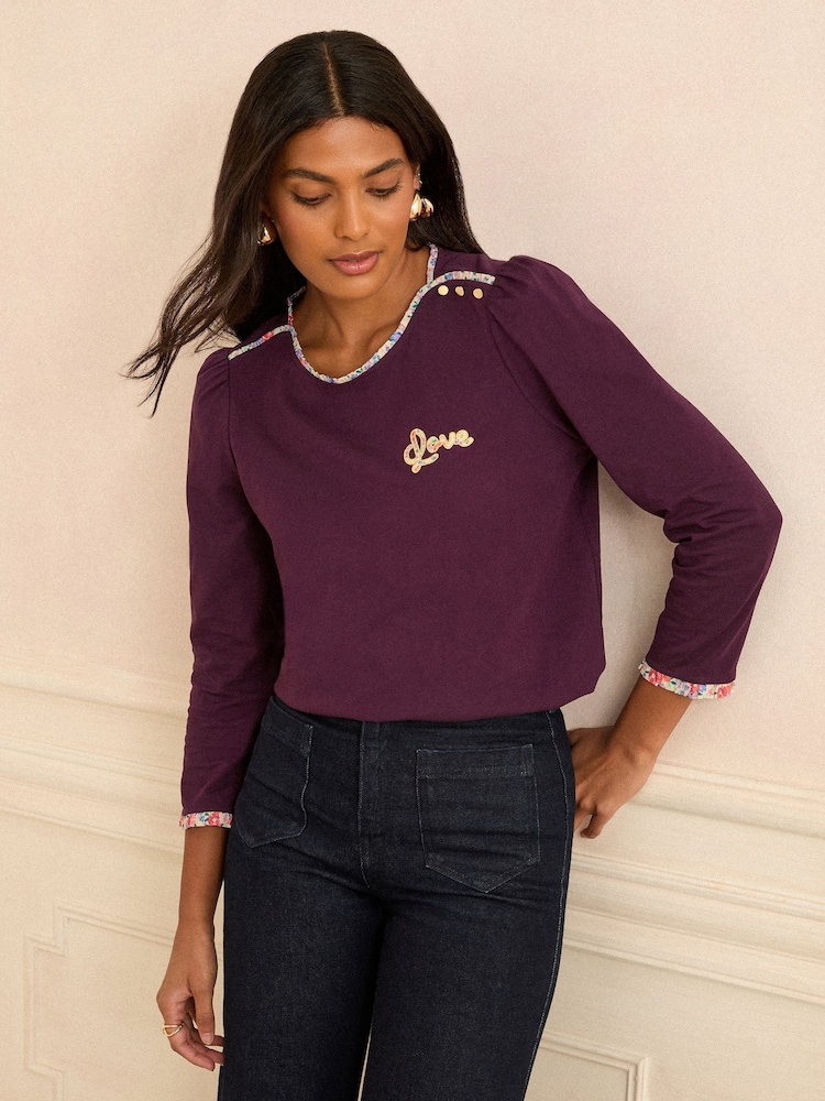 Love & Roses Navy Stripe with Foil Hearts Long Sleeve Crew Neck Jersey Top - Image 1 of 4