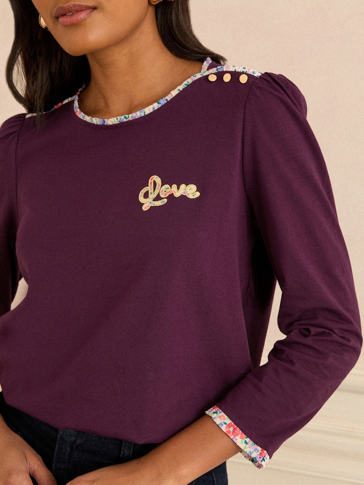 Love & Roses Navy Stripe with Foil Hearts Long Sleeve Crew Neck Jersey Top - Image 2 of 4