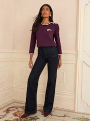 Love & Roses Navy Stripe with Foil Hearts Long Sleeve Crew Neck Jersey Top - Image 3 of 4