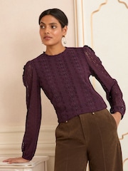 Love & Roses Burgundy Red Long Sleeve Lace Top - Image 1 of 4