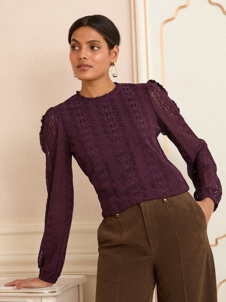 Love & Roses Burgundy Red Long Sleeve Lace Top - Image 1 of 4