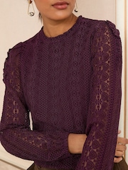 Love & Roses Burgundy Red Long Sleeve Lace Top - Image 2 of 4