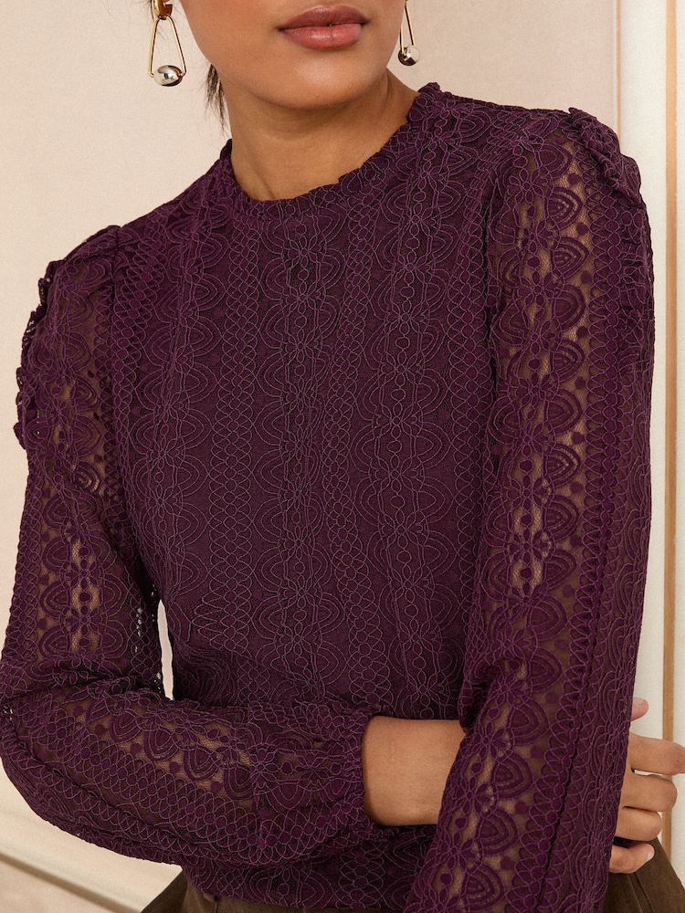 Love & Roses Burgundy Red Long Sleeve Lace Top - Image 2 of 4