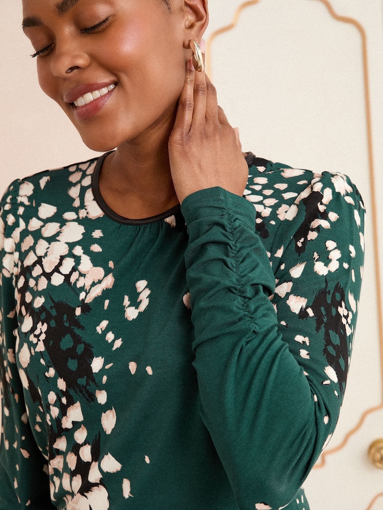 Love & Roses Teal Blue Animal Print Long Sleeve Jersey Top - Image 2 of 4