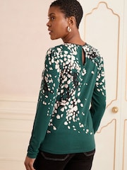Love & Roses Teal Blue Animal Print Long Sleeve Jersey Top - Image 4 of 4