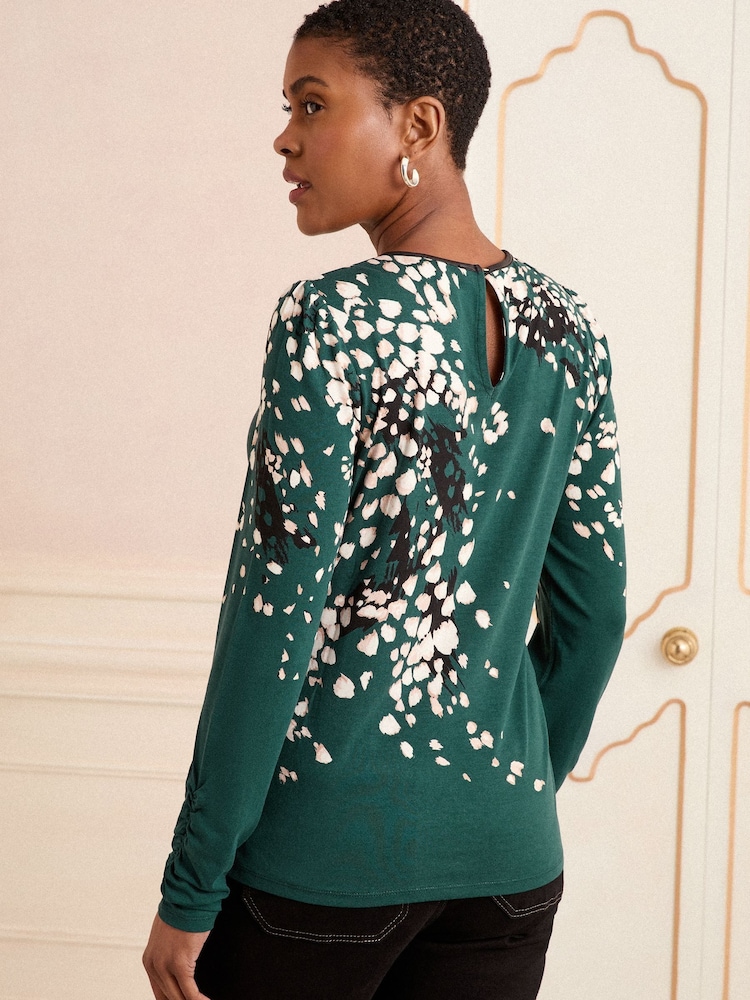 Love & Roses Teal Blue Animal Print Long Sleeve Jersey Top - Image 4 of 4