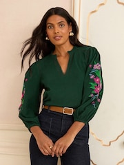 Love & Roses Forest Green Emroidered Sleeve Jersey Top - Image 1 of 4
