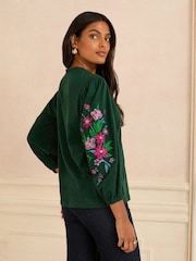 Love & Roses Forest Green Emroidered Sleeve Jersey Top - Image 2 of 4