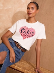 Love & Roses Ivory Pairs Heart Slogan Jersey T-Shirt - Image 1 of 4