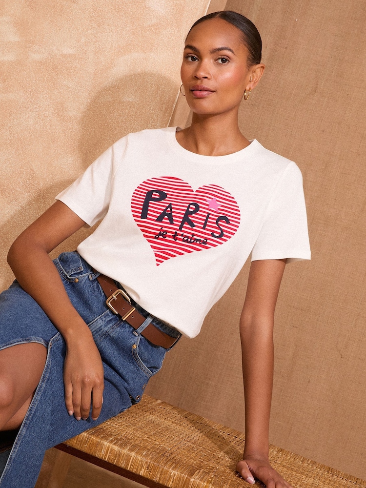 Love & Roses Ivory Pairs Heart Slogan Jersey T-Shirt - Image 1 of 4