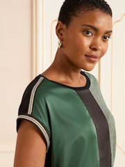 Love & Roses Green and Black Embellished Cuff Petite Colourblock Satin Front T-Shirt - Image 2 of 4