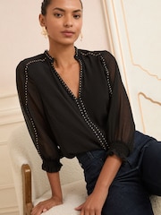 Love & Roses V-Neck ferragens 3/4 manga Blouse - Imagem 1 de 4