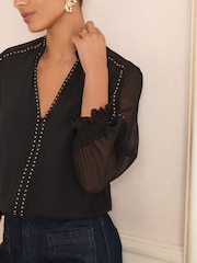 Love & Roses V-Neck ferragens 3/4 manga Blouse - Imagem 2 de 4