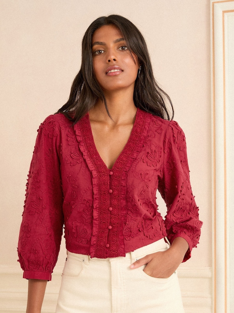 Love & Roses Red 3D Floral Print 3/4 Sleeve V-Neckline Blouse - Image 1 of 4 Love & Roses Red 3D Floral Print 3/4 Sleeve V-Neckline Blouse - Image 1 of 4
