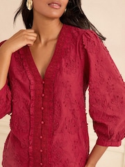 Love & Roses Red 3D Floral Print 3/4 Sleeve V-Neckline Blouse - Image 2 of 4