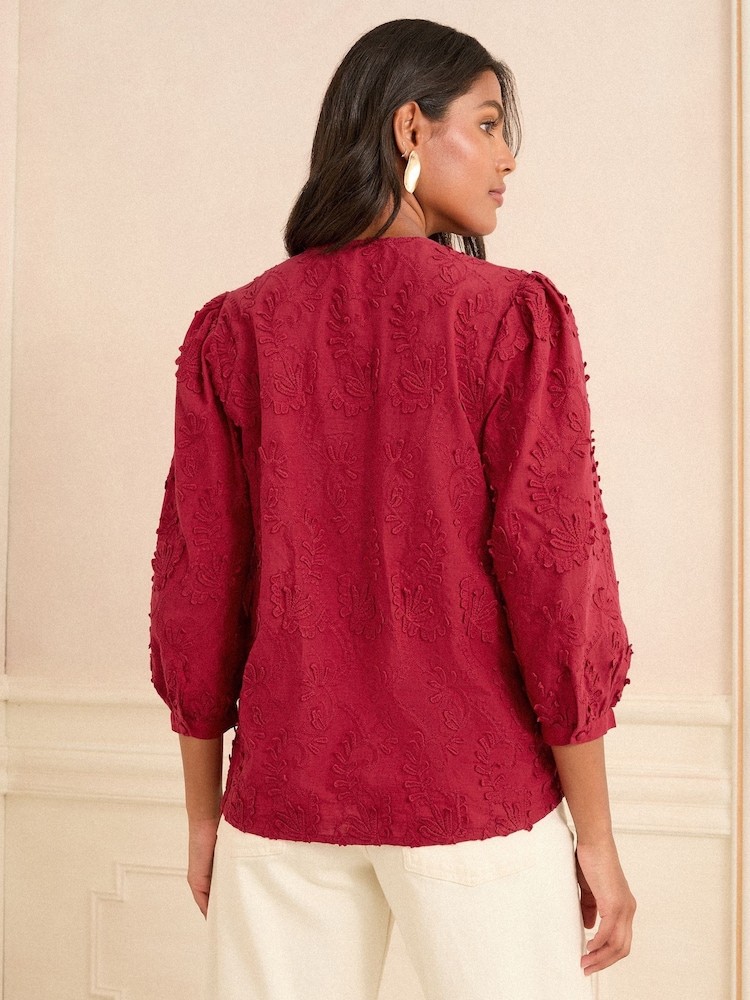 Love & Roses Red 3D Floral Print 3/4 Sleeve V-Neckline Blouse - Image 4 of 4 Love & Roses Red 3D Floral Print 3/4 Sleeve V-Neckline Blouse - Image 4 of 4