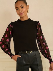 Love & Roses Black and Red Heart Print Petite Mixed Jersey Sheer Sleeve Top - Image 1 of 4