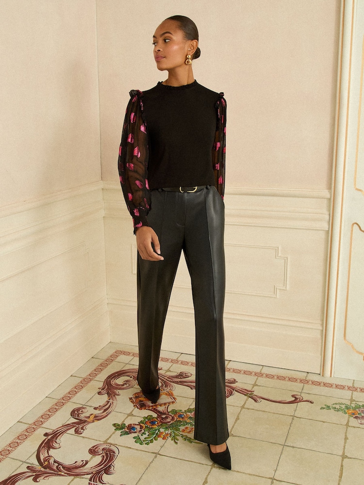 Love & Roses Black and Red Heart Print Petite Mixed Jersey Sheer Sleeve Top - Image 2 of 4