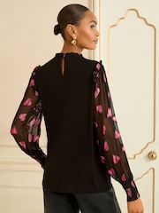 Love & Roses Black and Red Heart Print Petite Mixed Jersey Sheer Sleeve Top - Image 3 of 4