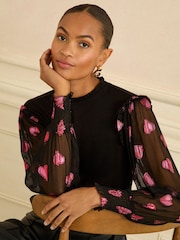 Love & Roses Black and Red Heart Print Petite Mixed Jersey Sheer Sleeve Top - Image 4 of 4