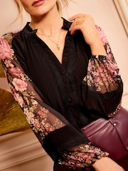 Love & Roses Black Floral Print Petite Notch Neck Long Sleeve Blouse - Image 2 of 4