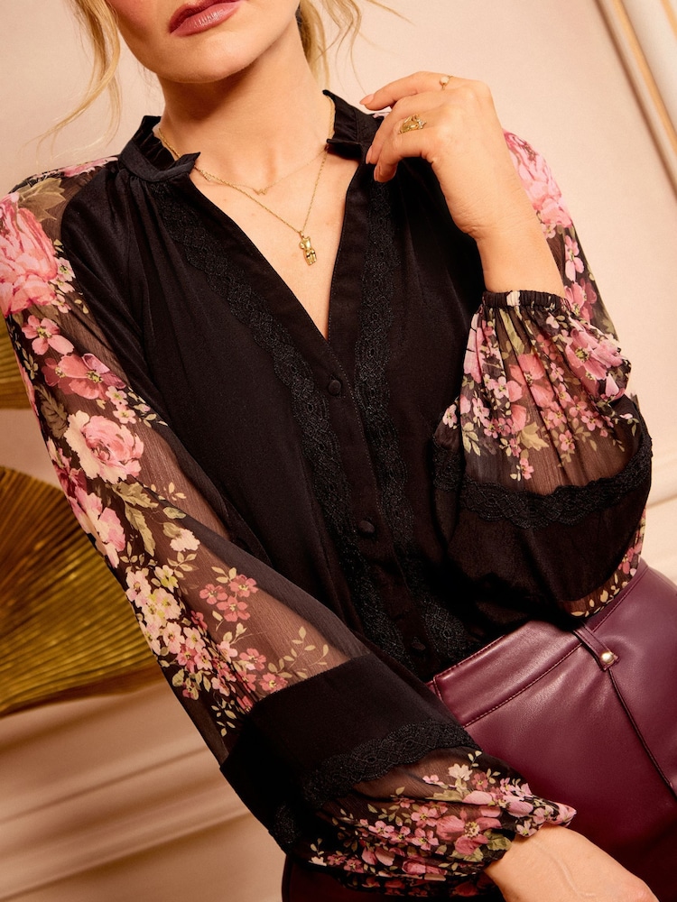 Love & Roses Black Floral Print Petite Notch Neck Long Sleeve Blouse - Image 2 of 4