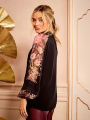 Love & Roses Black Floral Print Petite Notch Neck Long Sleeve Blouse - Image 4 of 4
