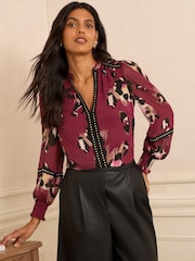Love & Roses Burgundy Animal Petite Print Notch Neck Hardware Blouse - Image 1 of 4