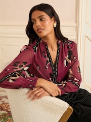 Love & Roses Burgundy Animal Petite Print Notch Neck Hardware Blouse - Image 2 of 4