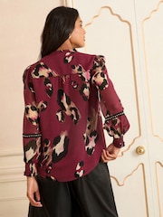 Love & Roses Burgundy Animal Petite Print Notch Neck Hardware Blouse - Image 4 of 4
