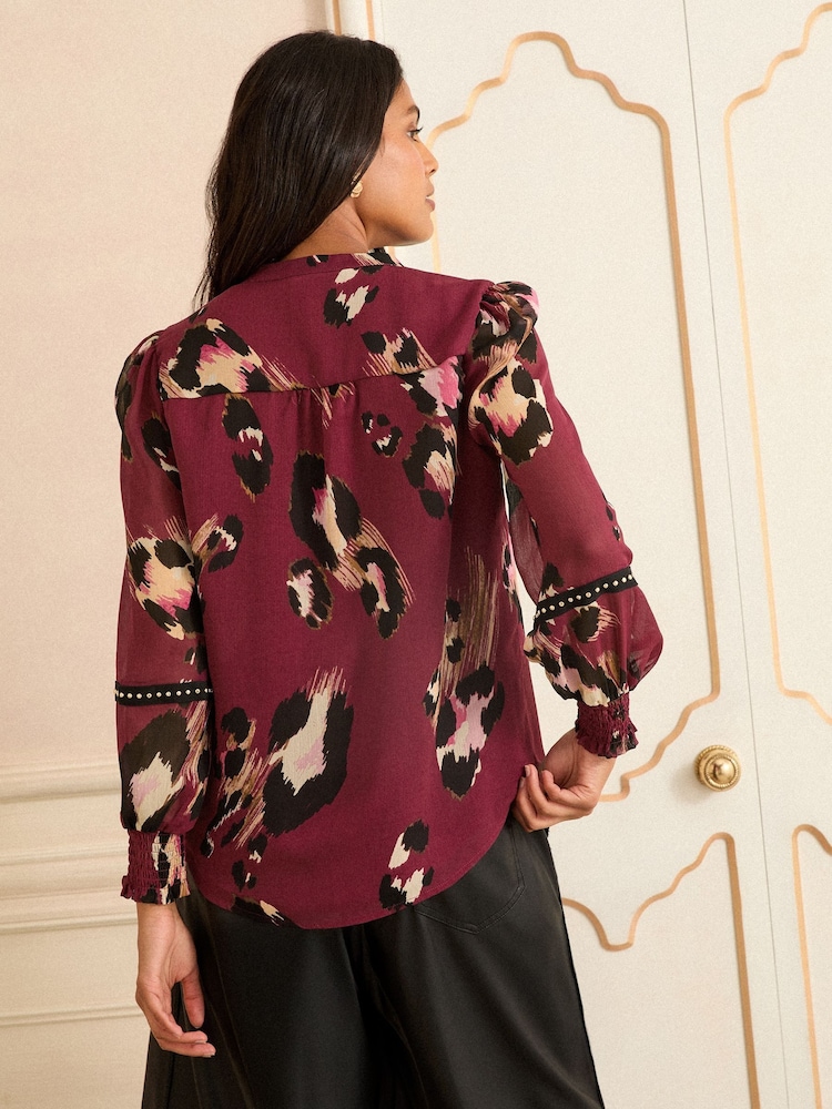 Love & Roses Burgundy Animal Petite Print Notch Neck Hardware Blouse - Image 4 of 4