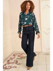 Love & Roses Teal Blue Animal Petite Printed Shirred Notch Neck Long Sleeve Blouse - Image 3 of 4