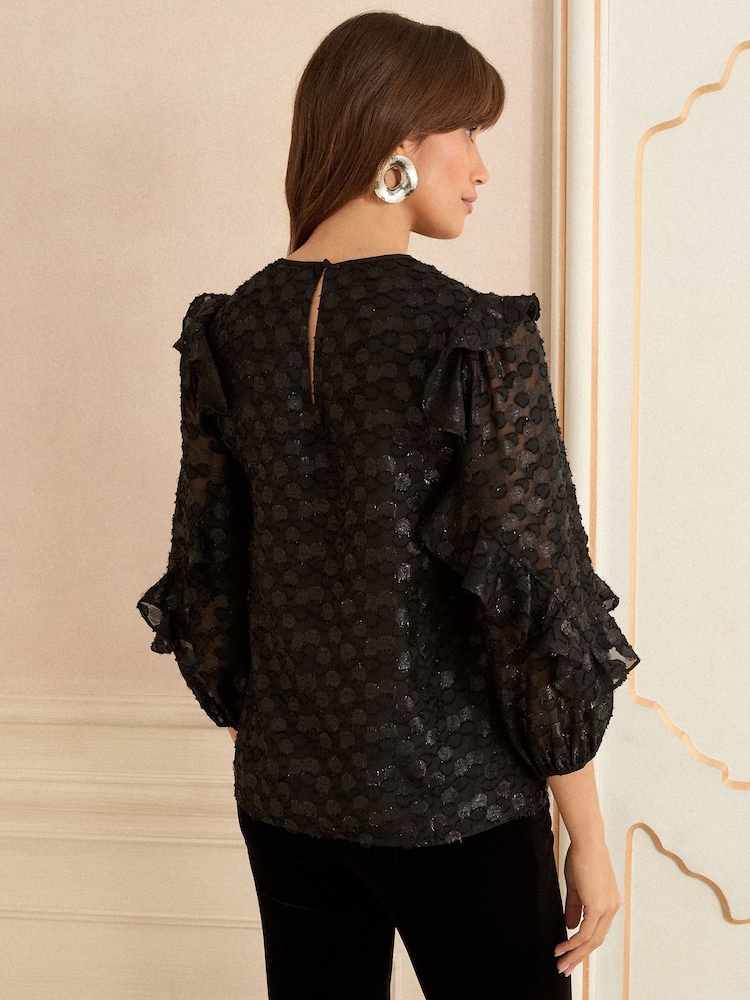 Preto - Love & Roses Crew Neck Metallic Long Sleeve Ruffle Blouse - Imagem 4 de 4