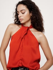 Banana Republic Red Hammered Satin Halter Button Down Top - Image 1 of 4