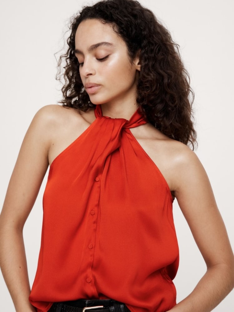 Banana Republic Red Hammered Satin Halter Button Down Top - Image 1 of 4