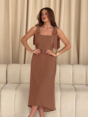 Girl In Mind Brown Jovi Tie Shoulder Polka Dot Frill Skirt Midi Dress - Image 3 of 6