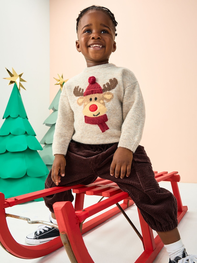 Neutral/Grey Reindeer Knitted Christmas Jumper (3mths-7yrs) - Image 1 of 8