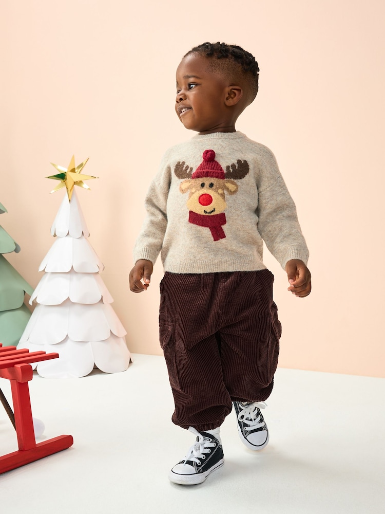 Neutral/Grey Reindeer Knitted Christmas Jumper (3mths-7yrs) - Image 2 of 8