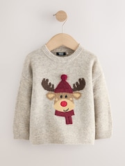 Neutral/Grey Reindeer Knitted Christmas Jumper (3mths-7yrs) - Image 5 of 8