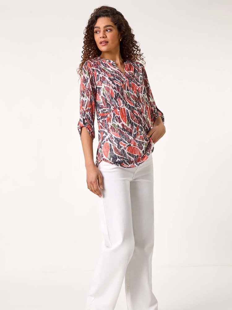 Roman Red Abstract Print Burnout V-Neck Shirt - Image 1 of 5