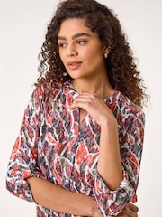 Roman Red Abstract Print Burnout V-Neck Shirt - Image 2 of 5