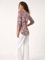Roman Red Abstract Print Burnout V-Neck Shirt - Image 3 of 5