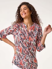 Roman Red Abstract Print Burnout V-Neck Shirt - Image 4 of 5